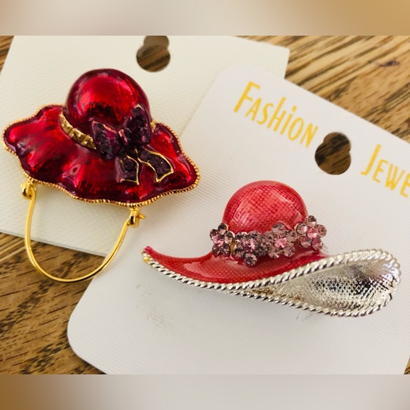 Rhinestone & Enamel Hat Brooches (2) - Red Hat Society, NWOT - Picture 1 of 13